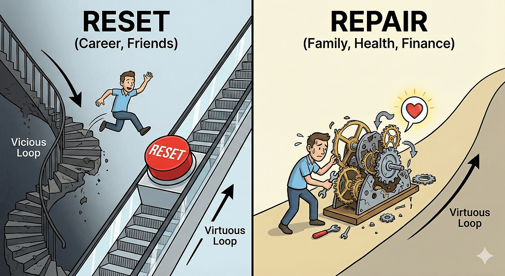 Reset (career, friends) versus Repair (family, health, finance)